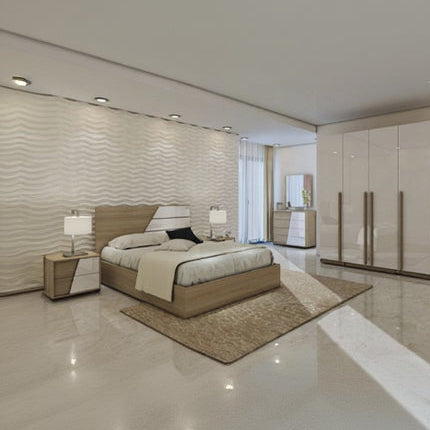 Modern bedroom with bed, nightstands, and wardrobe.