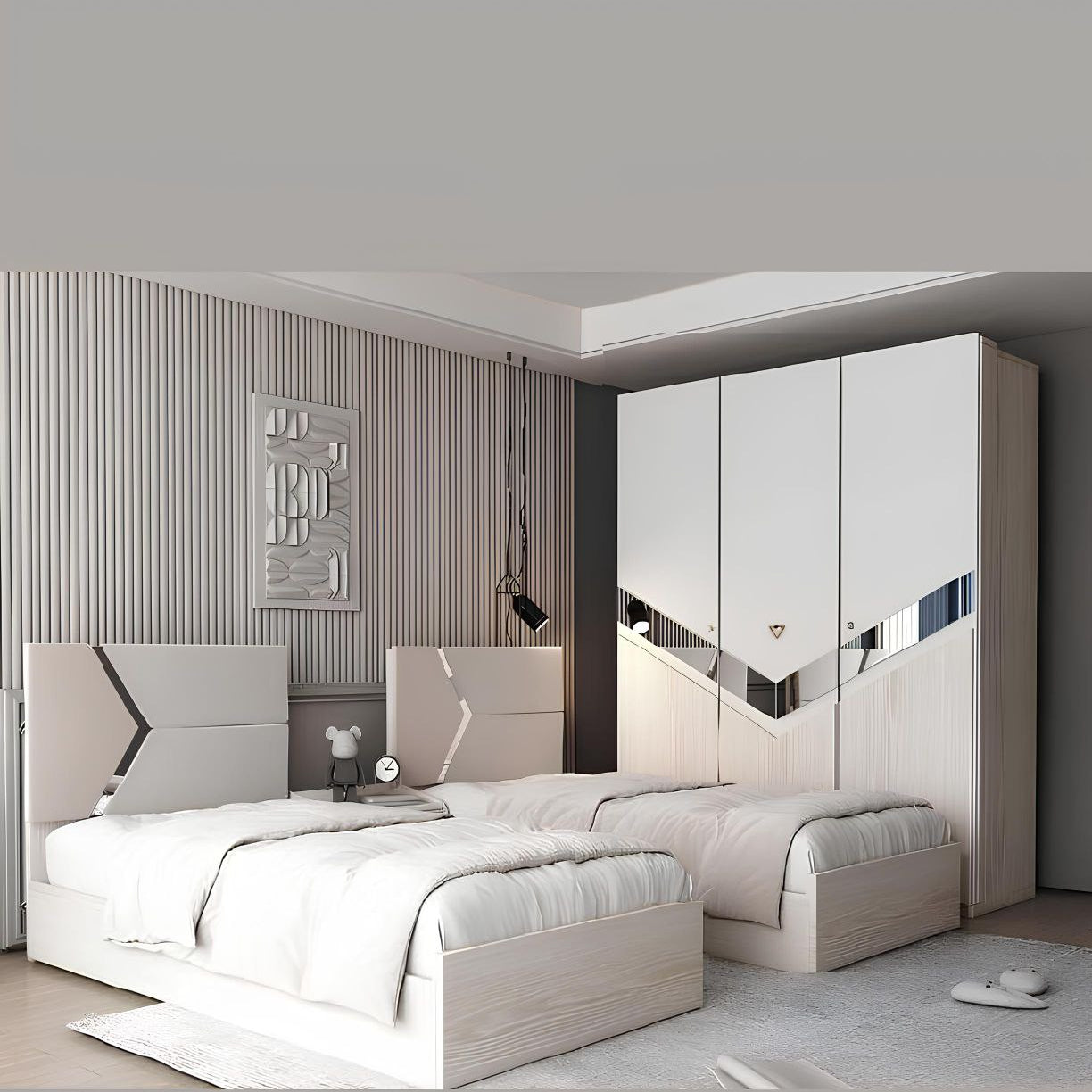 Modern bedroom with a bed and wardrobe in a neutral color scheme.