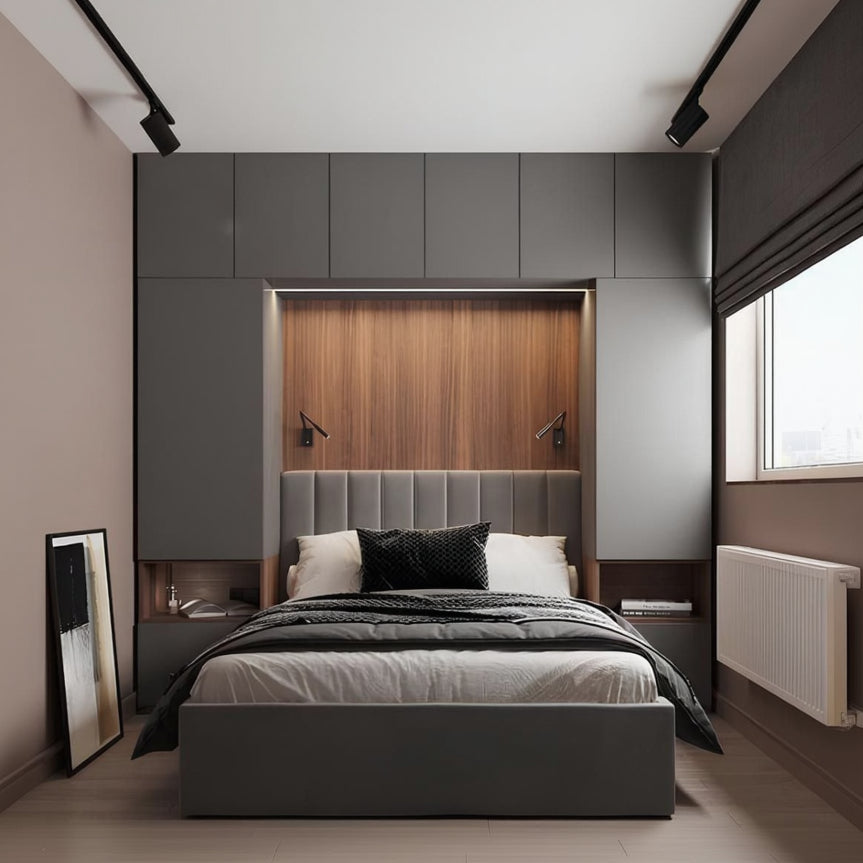 Modern bedroom with gray upholstered bed and wooden headboard