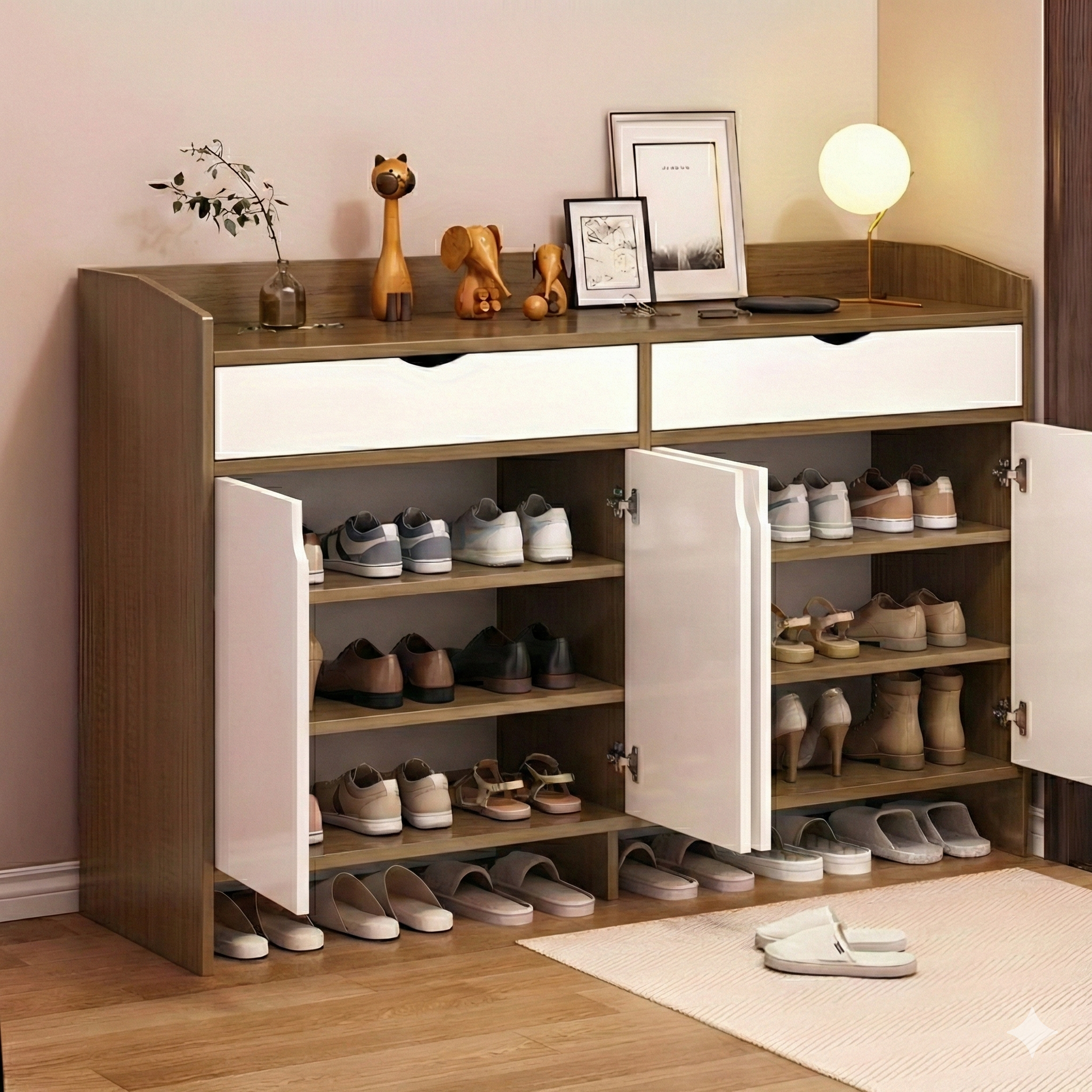 Shoe cabinet with open doors displaying various shoes, placed against a wall.