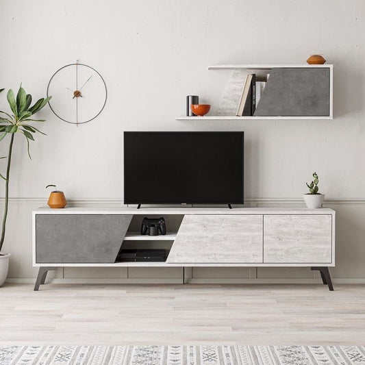 Modern TV stand with a television in a minimalistic living room.
