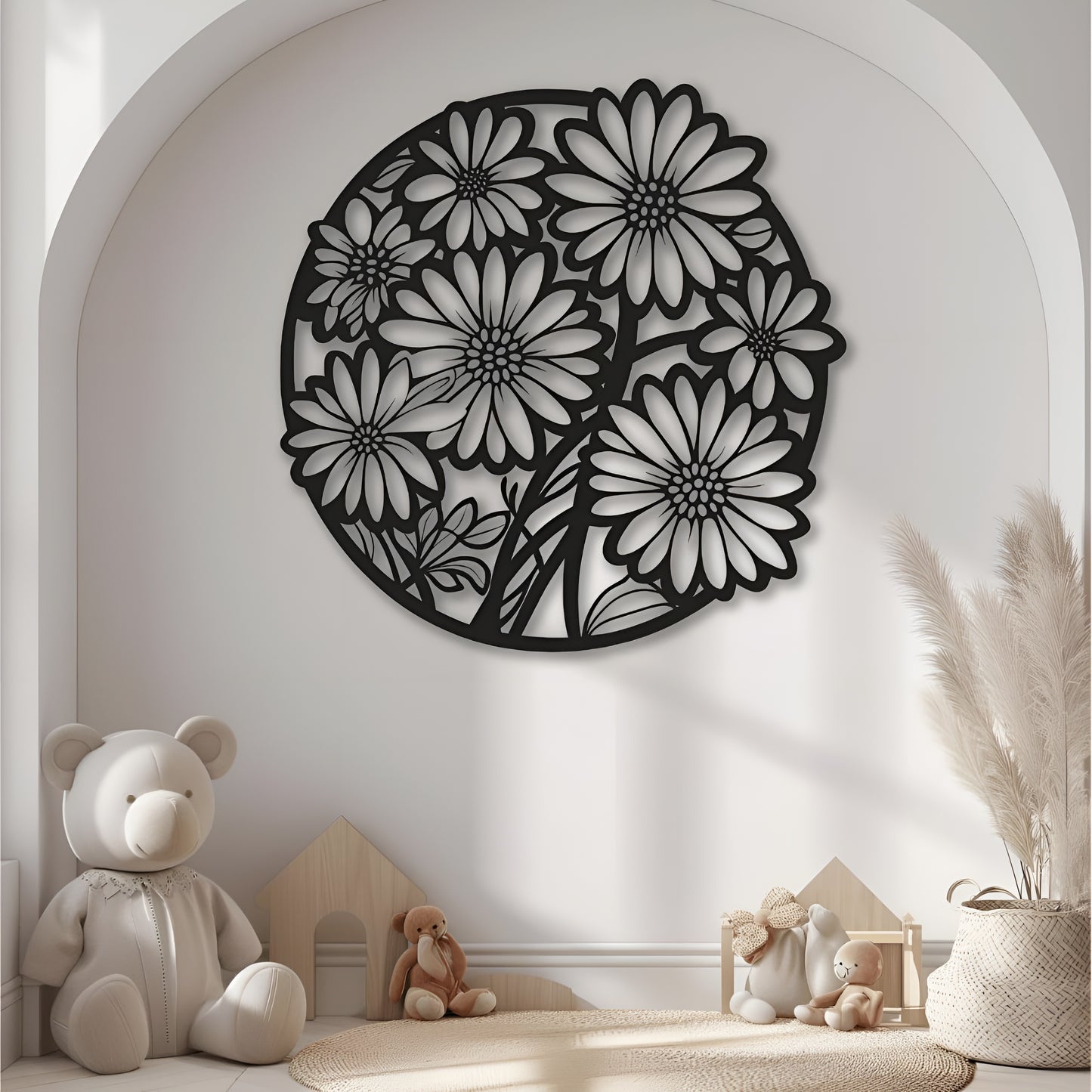 Decorative wall art with floral design in a child's room with toys and plants.