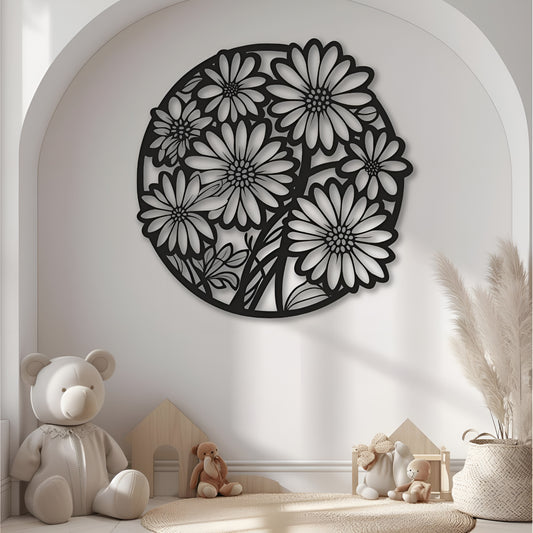 Decorative wall art with floral design in a child's room with toys and plants.