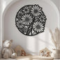 Decorative wall art with floral design in a child's room with toys and plants.