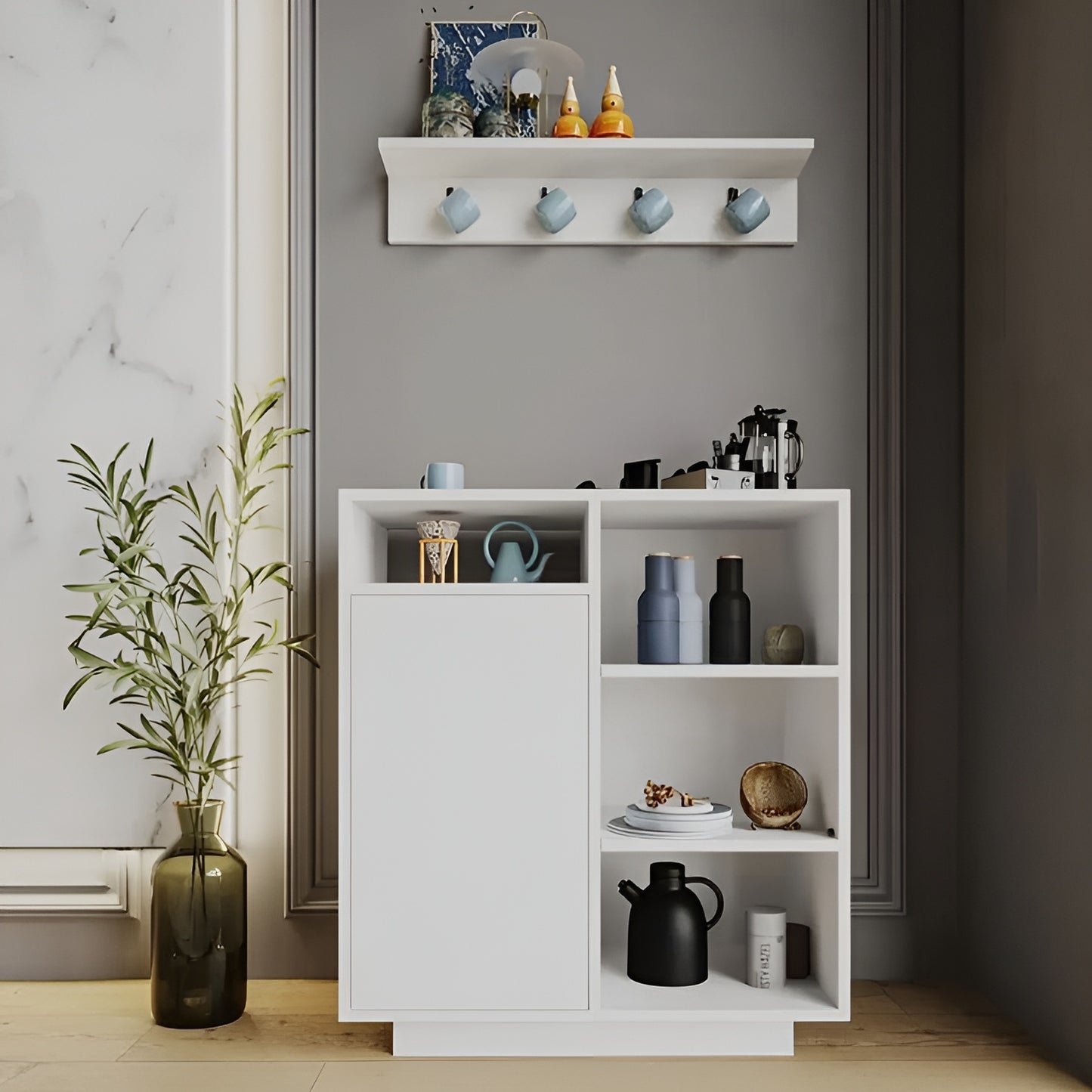 White cabinet with decorative items against a gray wall