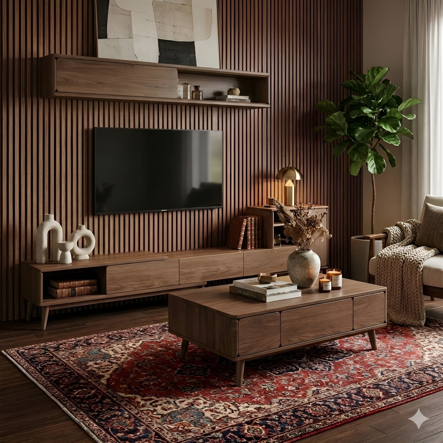 Modern living room with wooden furniture, TV, and decorative items.