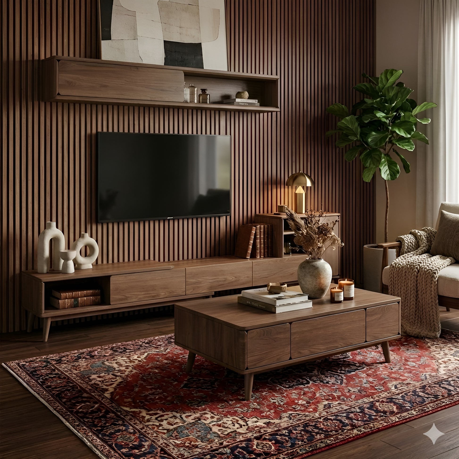 Modern living room with wooden furniture, TV, and decorative items.
