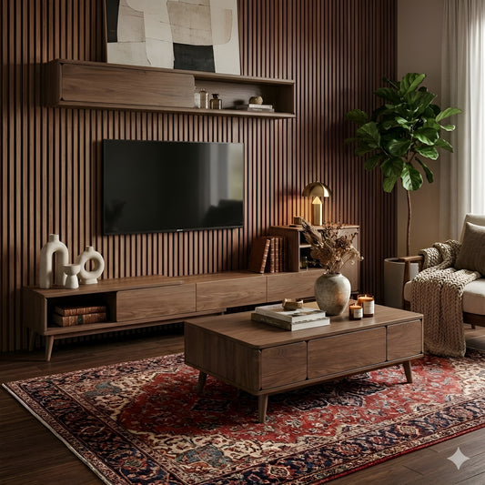 Modern living room with wooden furniture, TV, and decorative items.