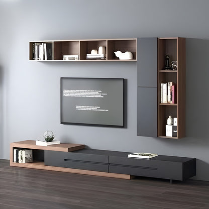 Modern living room setup with a TV mounted on the wall and wooden shelves.