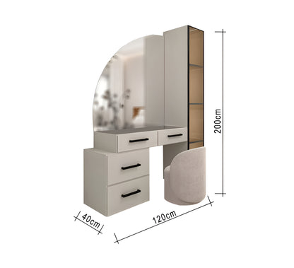 Dressing table with mirror and dimensions on a white background