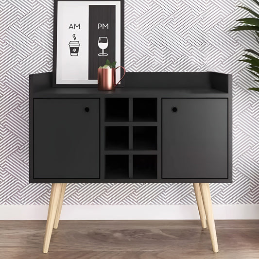 Black cabinet with wooden legs against a patterned wall