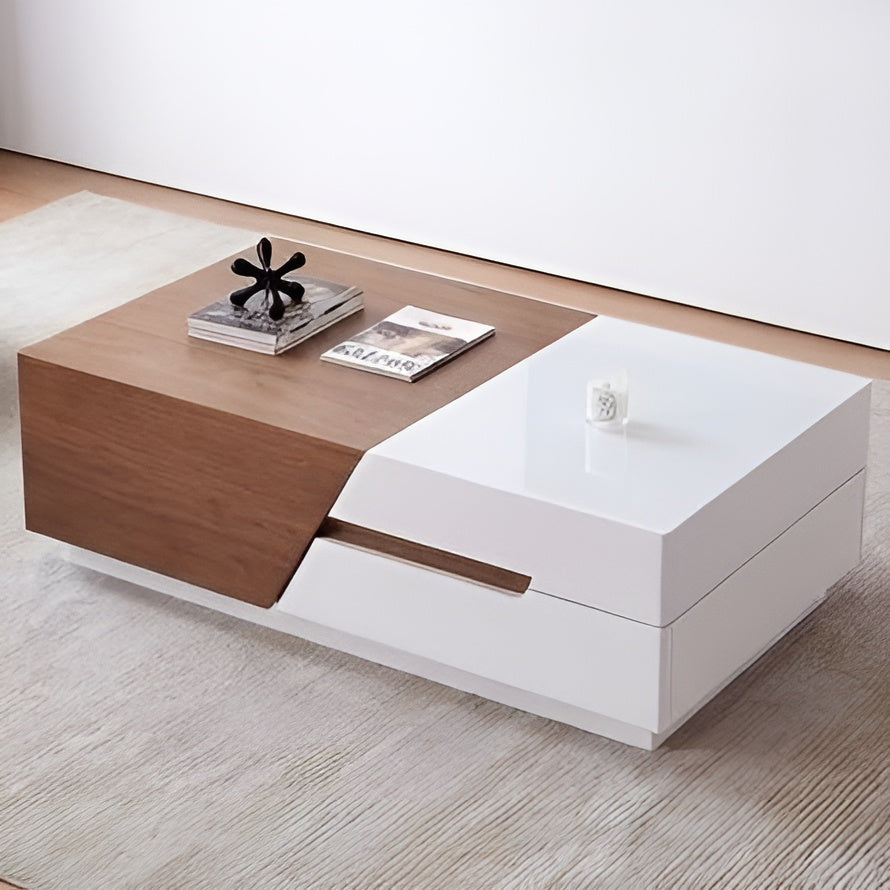 Modern coffee table with wooden and white design on a light wood floor.