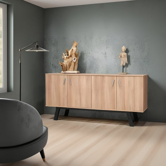 Wooden sideboard with decorative items against a gray wall