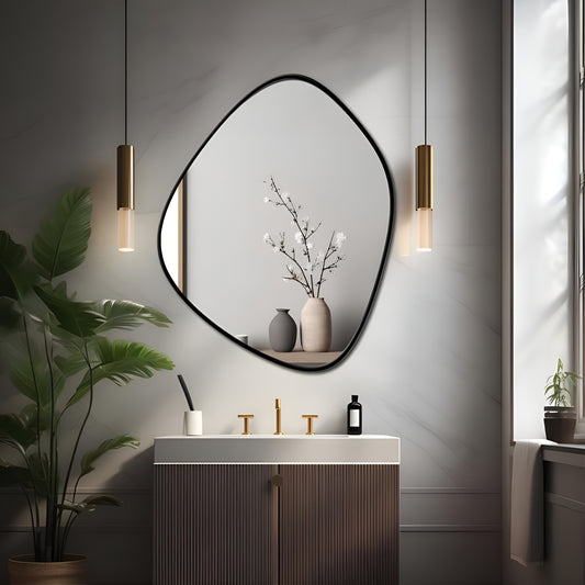 Modern bathroom interior with a mirror, sink, and decorative elements.