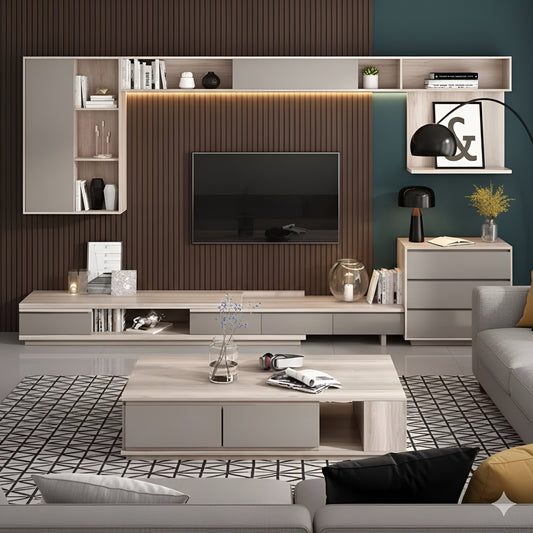 Modern living room with a television and decorative shelves.