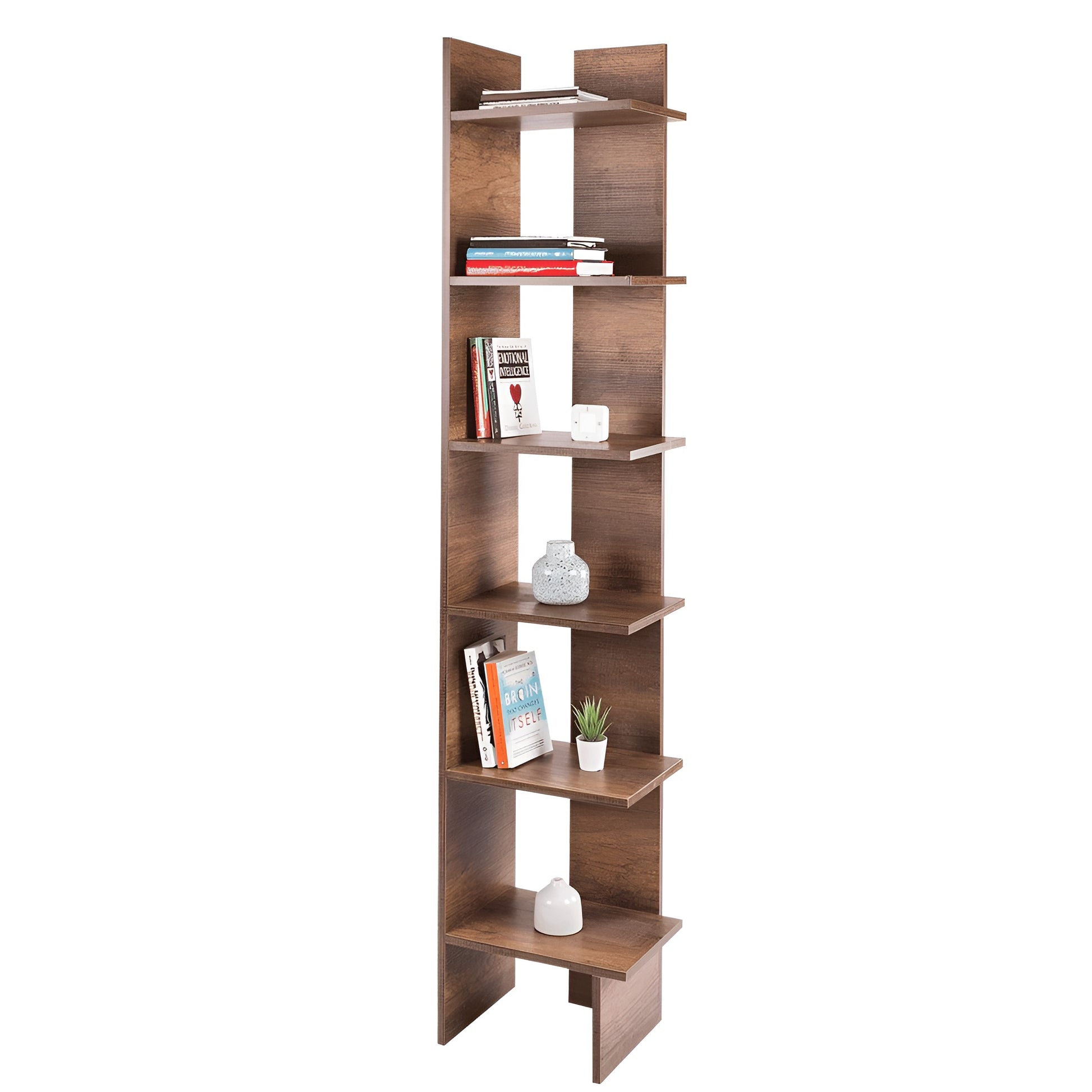 Wooden bookshelf with books and decor items on a white background
