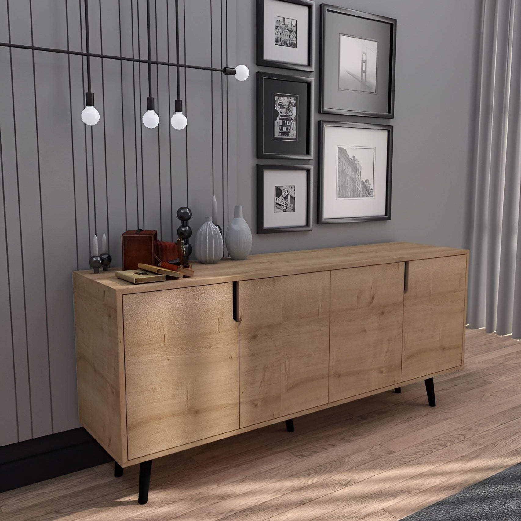 Wooden sideboard in a room with framed pictures on the wall.