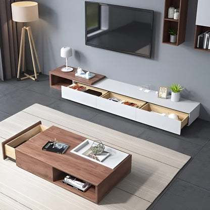 Modern living room with a wooden coffee table and white TV stand.