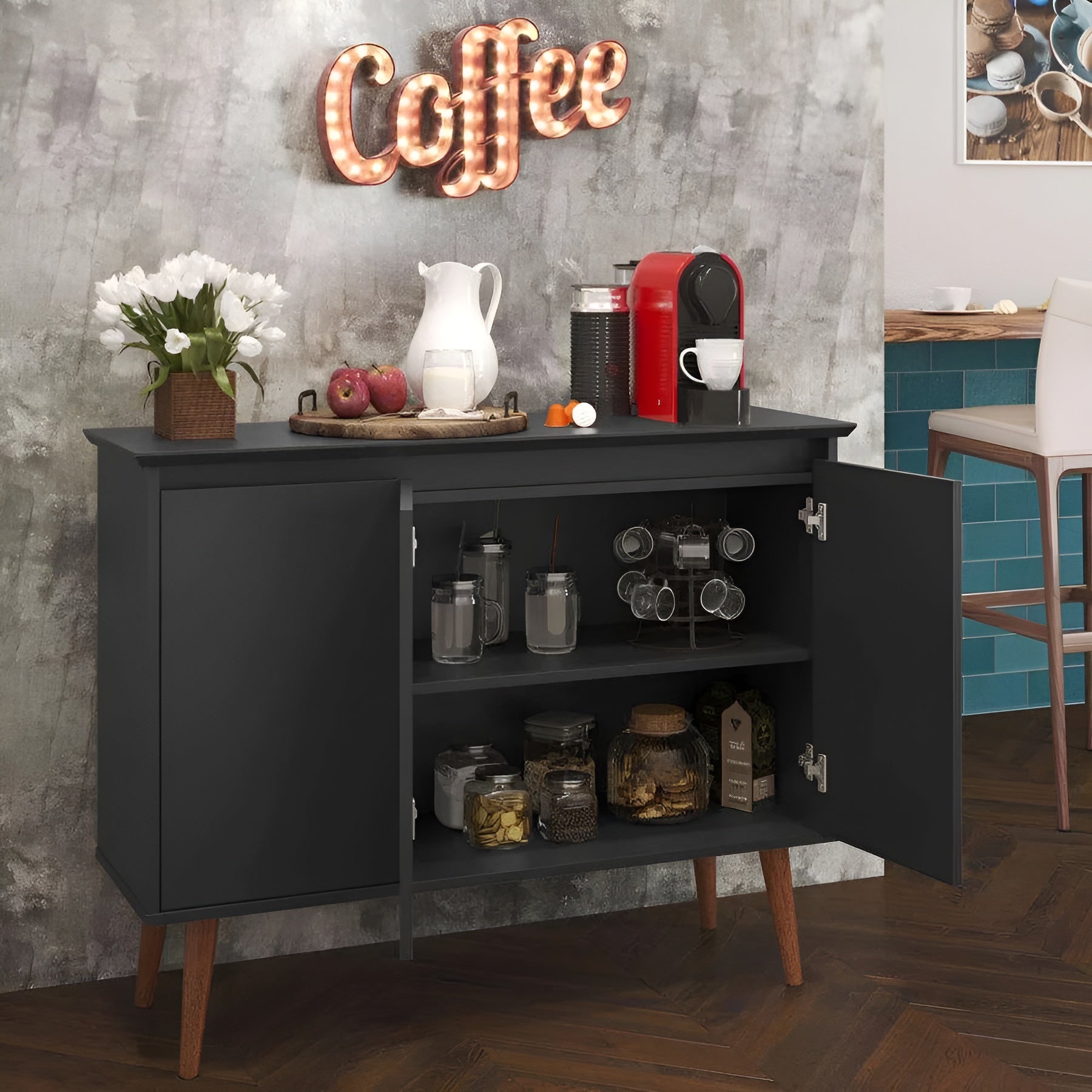 Black coffee bar cabinet with a 'Coffee' sign above in a kitchen setting.