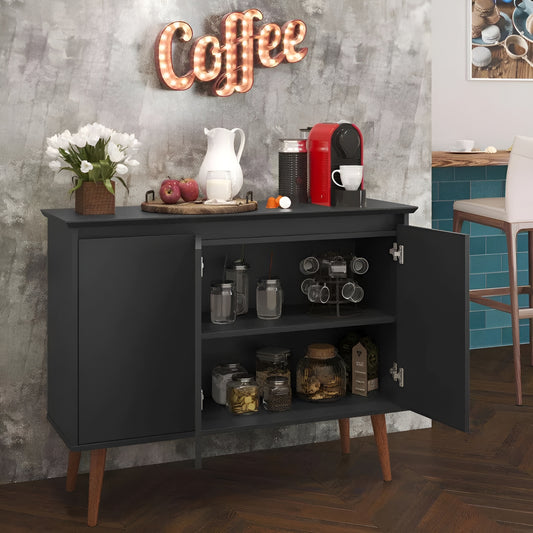 Black coffee bar cabinet with a 'Coffee' sign above in a kitchen setting.