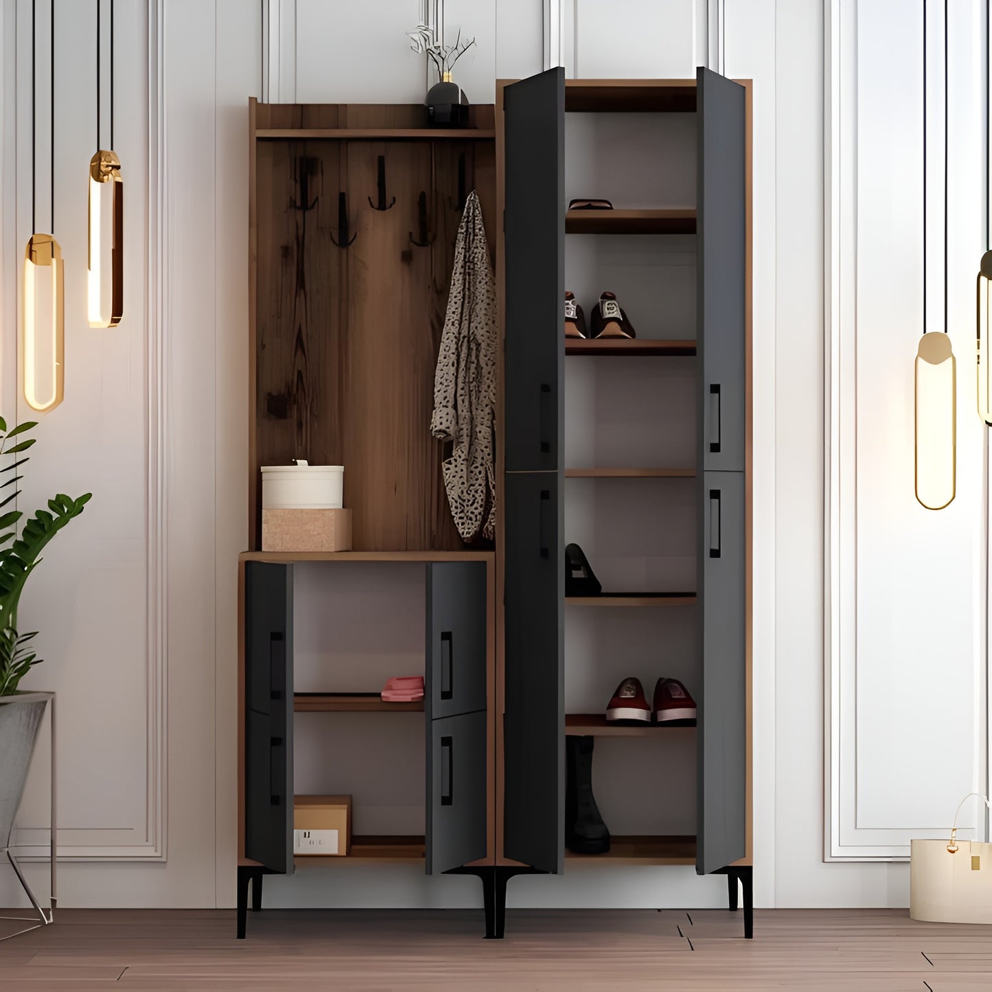 Wooden wardrobe with open doors displaying shoes and clothes in a room with modern decor.