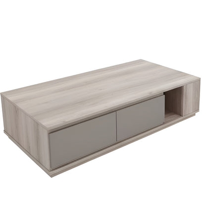 Wooden TV stand with storage compartments on a white background