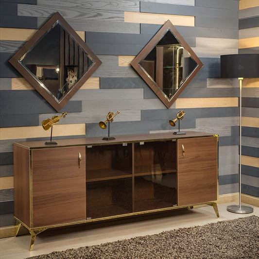 Wooden sideboard with decorative mirrors and lamps against a patterned wall.