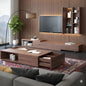 Modern living room with wooden furniture, TV, and decor.