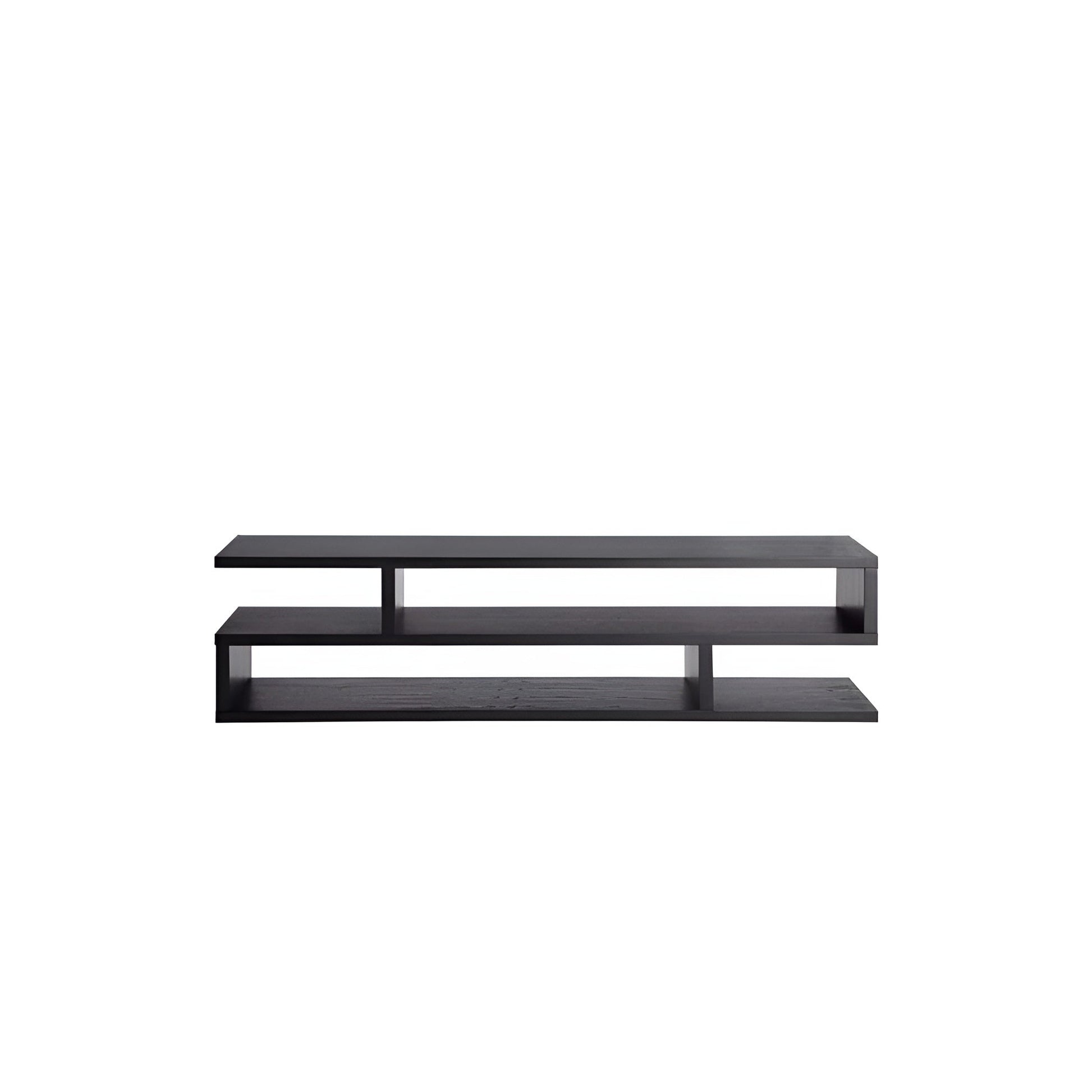 Black TV stand with two shelves on a white background