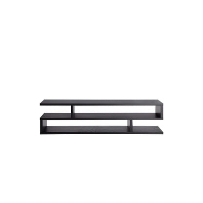 Black TV stand with two shelves on a white background
