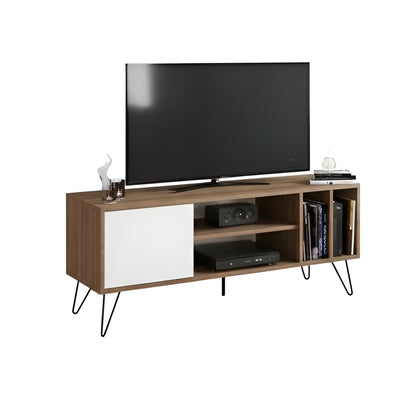 Wooden TV stand with a television and electronic devices on a white background