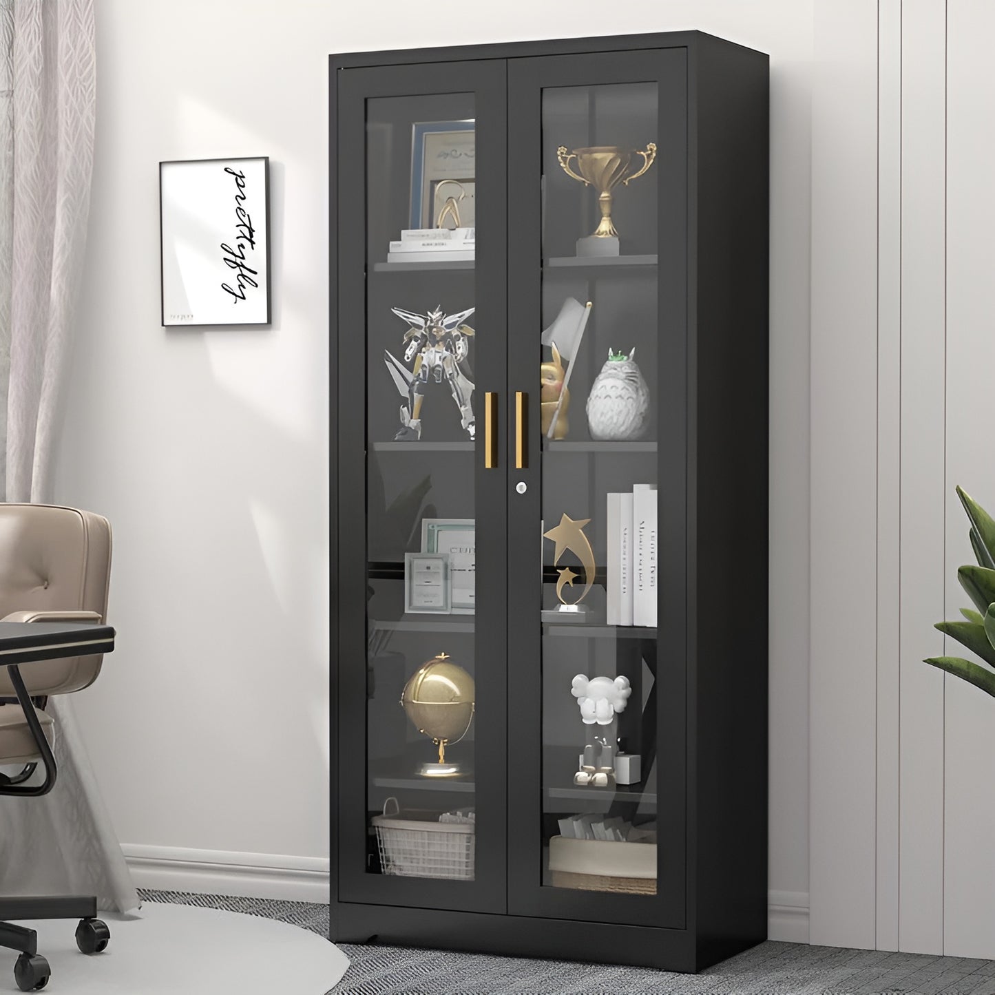 Black glass-fronted cabinet with decorative items in a room setting.