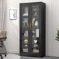 Black glass-fronted cabinet with decorative items in a room setting.