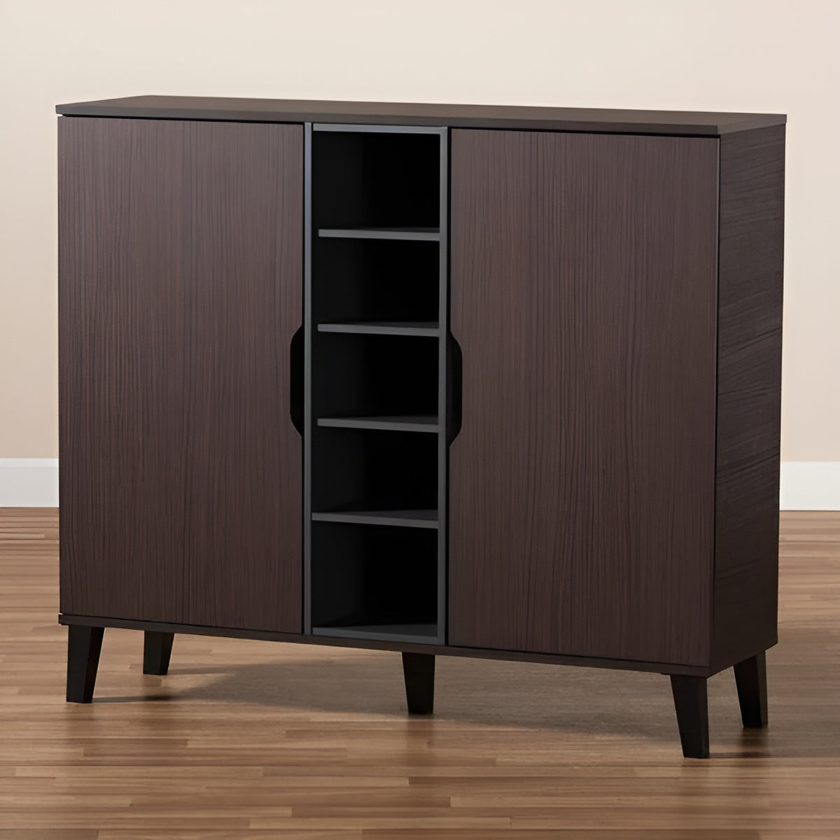 Wooden cabinet with open door on a wooden floor