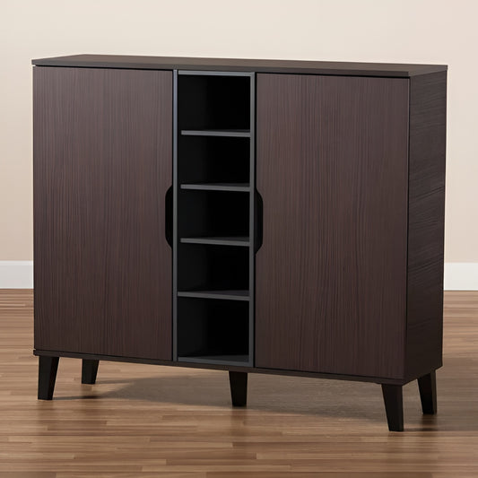 Wooden cabinet with open door on a wooden floor