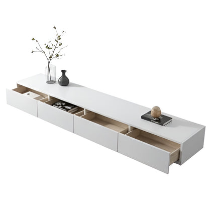 White entertainment console with wooden accents on a white background