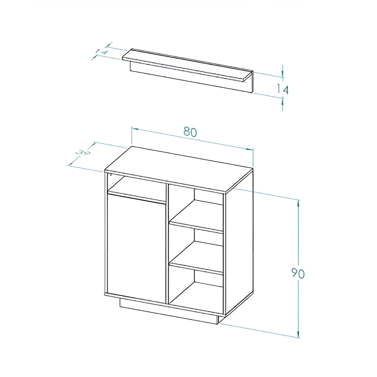 Technical drawing of a cabinet with dimensions labeled