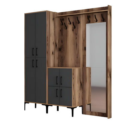 Wooden wardrobe with black doors and hooks on a white background