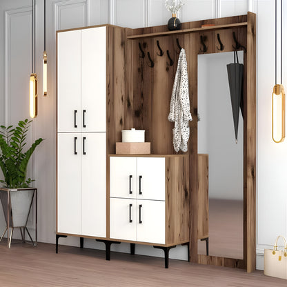 Wooden entryway console with mirror, hooks, and storage cabinets in a modern hallway.
