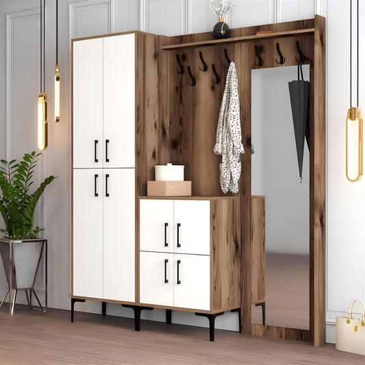 Wooden entryway console with mirror, hooks, and storage cabinets in a modern hallway.