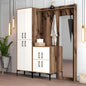 Wooden entryway console with mirror, hooks, and storage cabinets in a modern hallway.