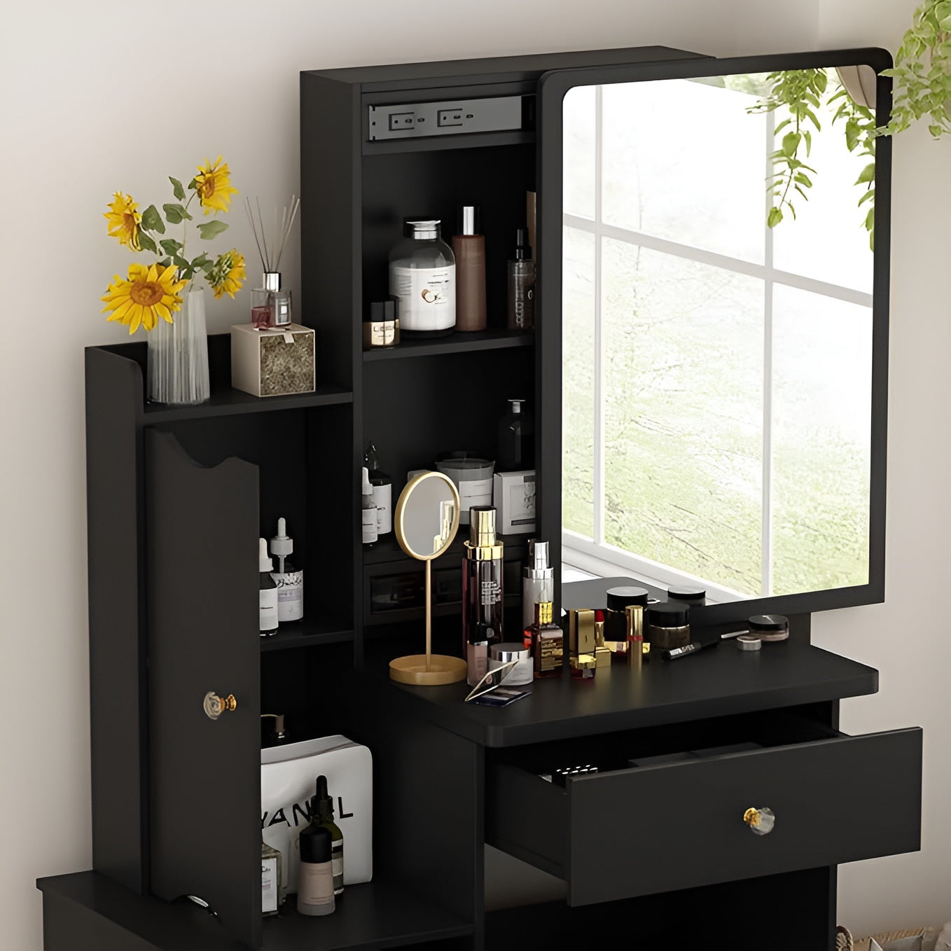 Black vanity with mirror and makeup items on a light background