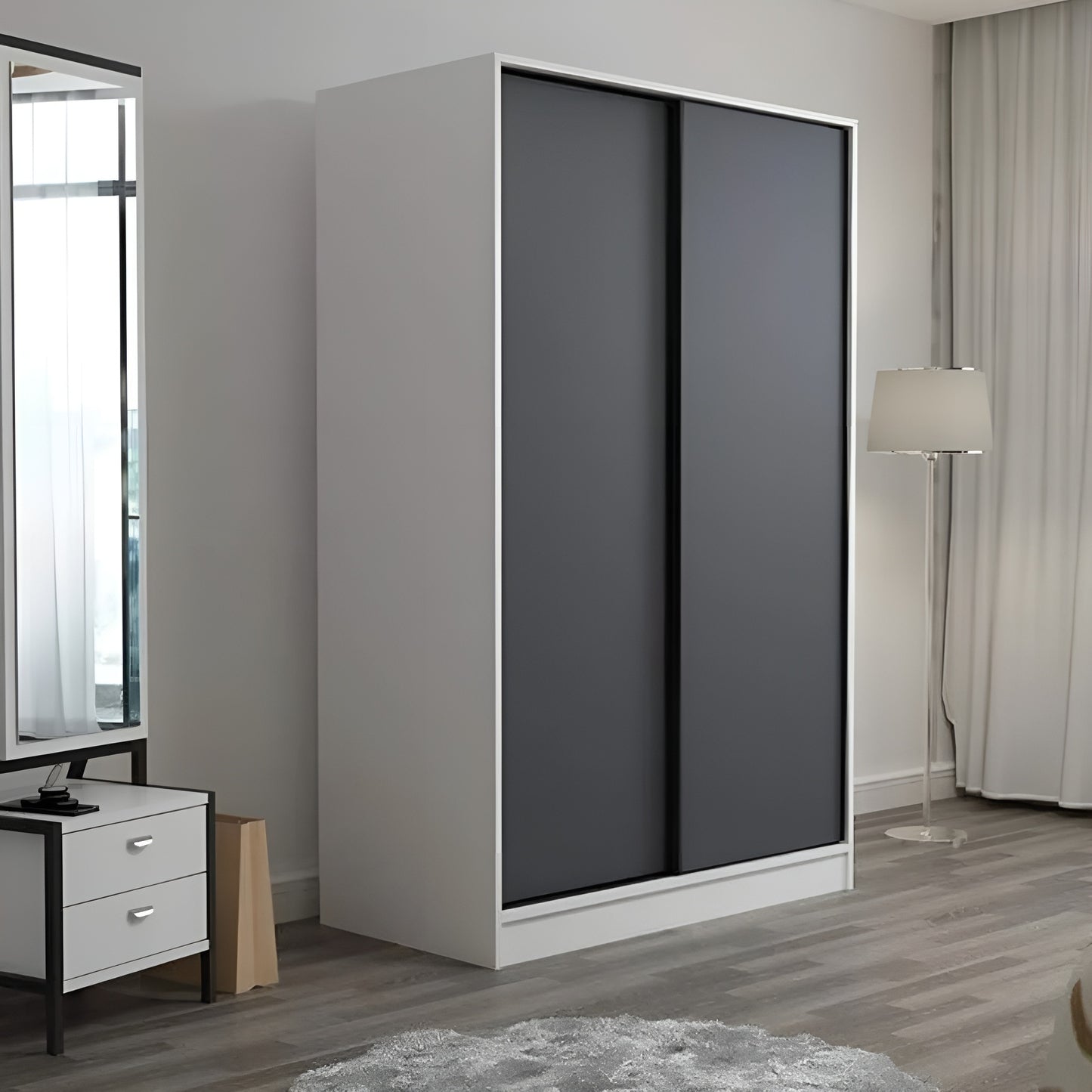 Modern wardrobe with gray sliding doors in a room setting.