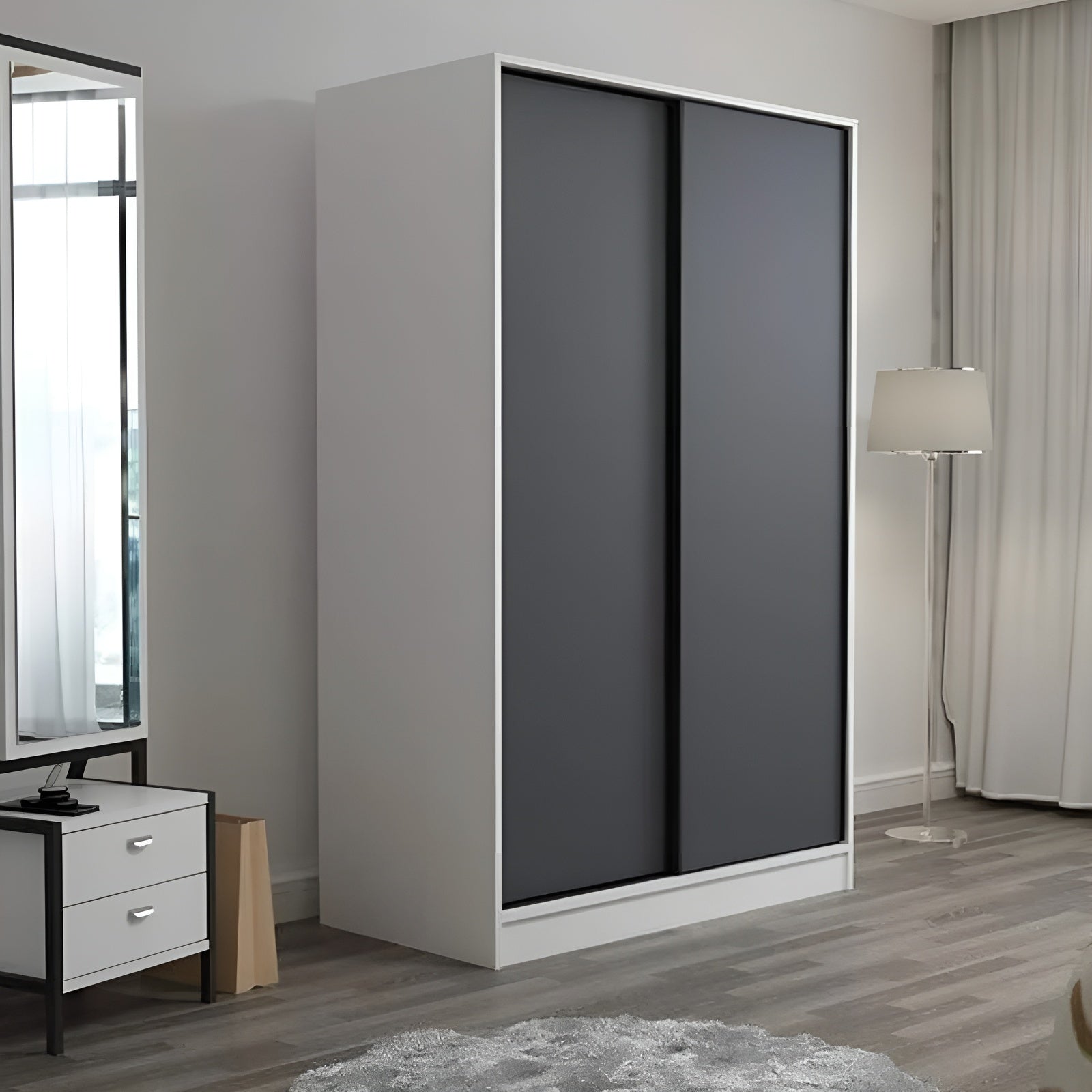 Modern wardrobe with gray sliding doors in a room setting.