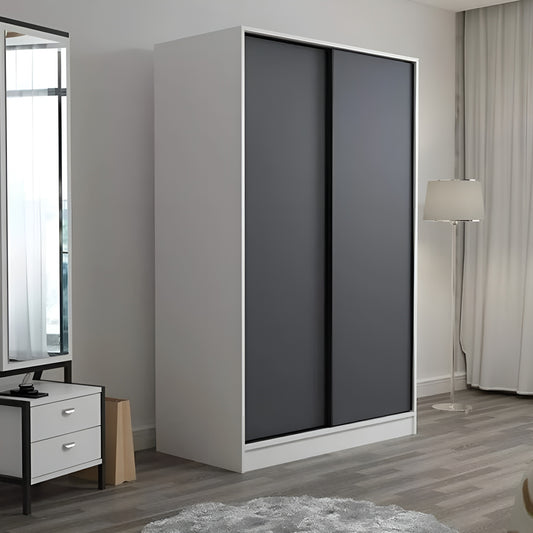 Modern wardrobe with gray sliding doors in a room setting.