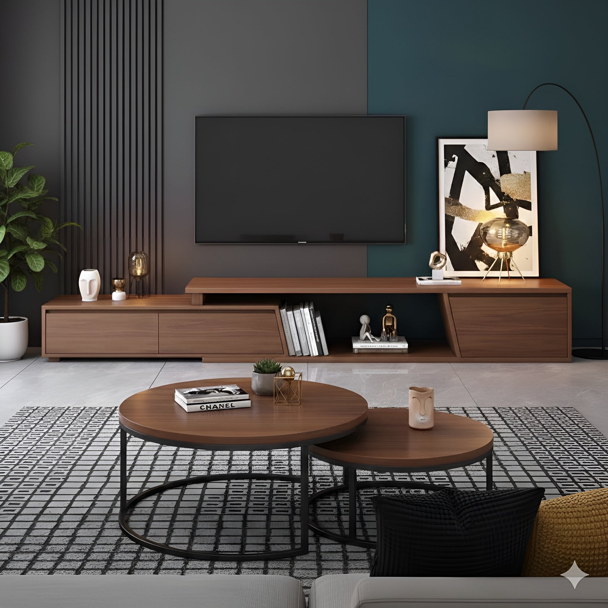 Modern living room with wooden TV stand, round coffee table, and decorative items.