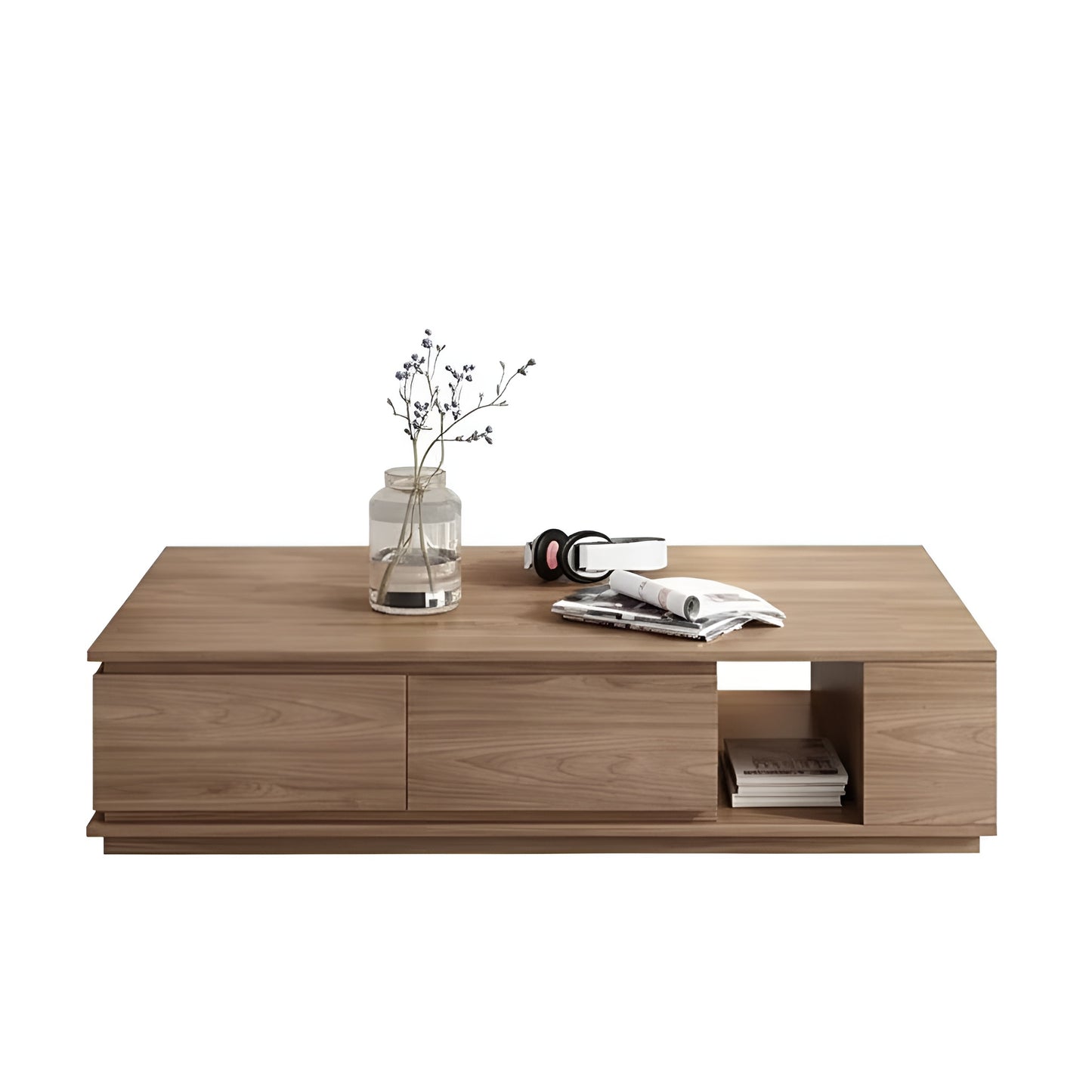 Wooden coffee table with decorative items on a white background