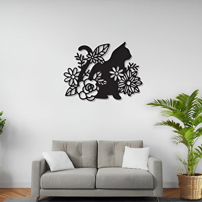 Decorative wall art of a cat with flowers on a gray wall above a sofa.