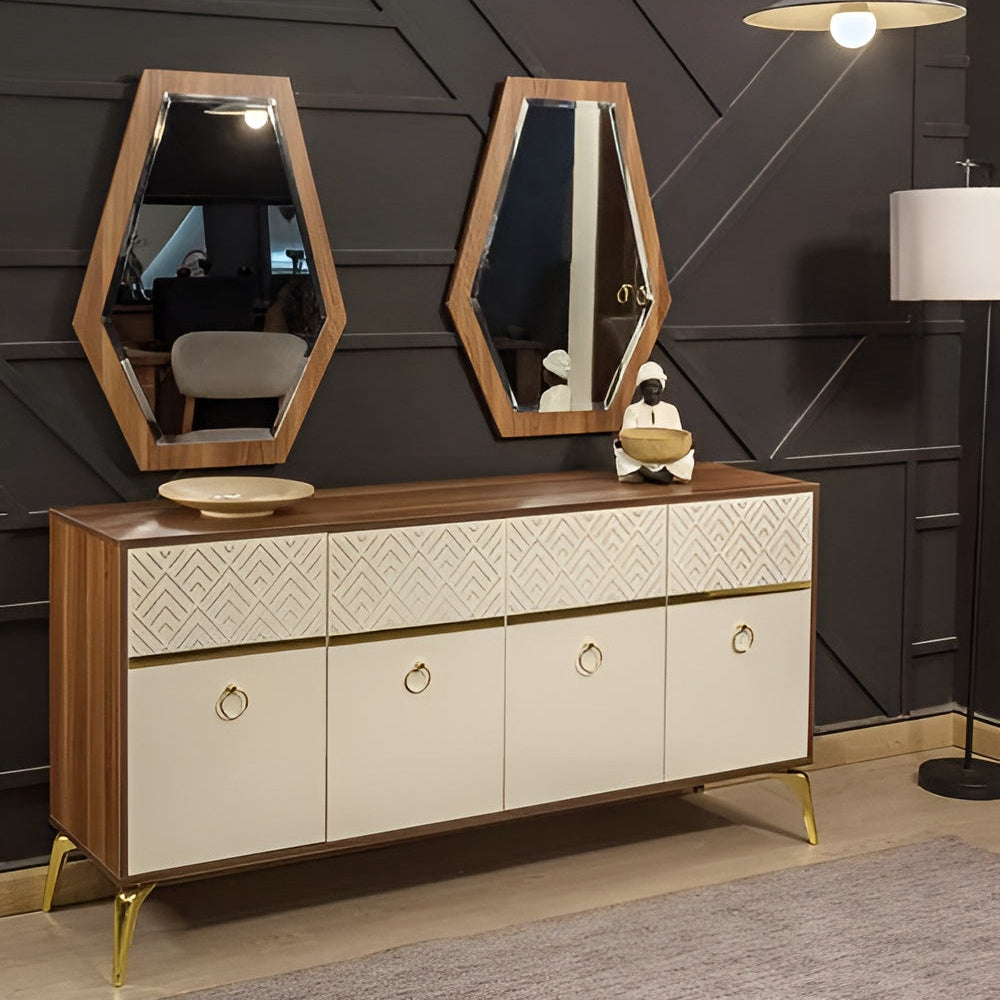 Decorative sideboard with geometric mirrors in a modern interior setting.