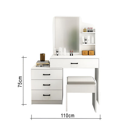 White vanity table with mirror, drawers, and stool, featuring dimensions on a white background.